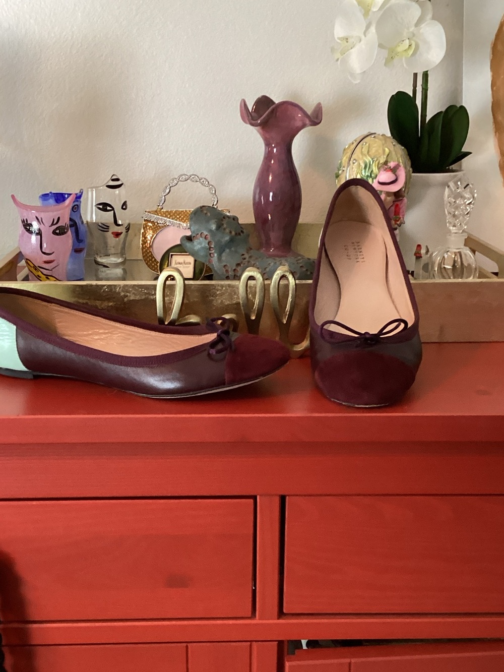 Barneys New York CO-OP Burgundy Ballet Flats with Mint Heel Accent